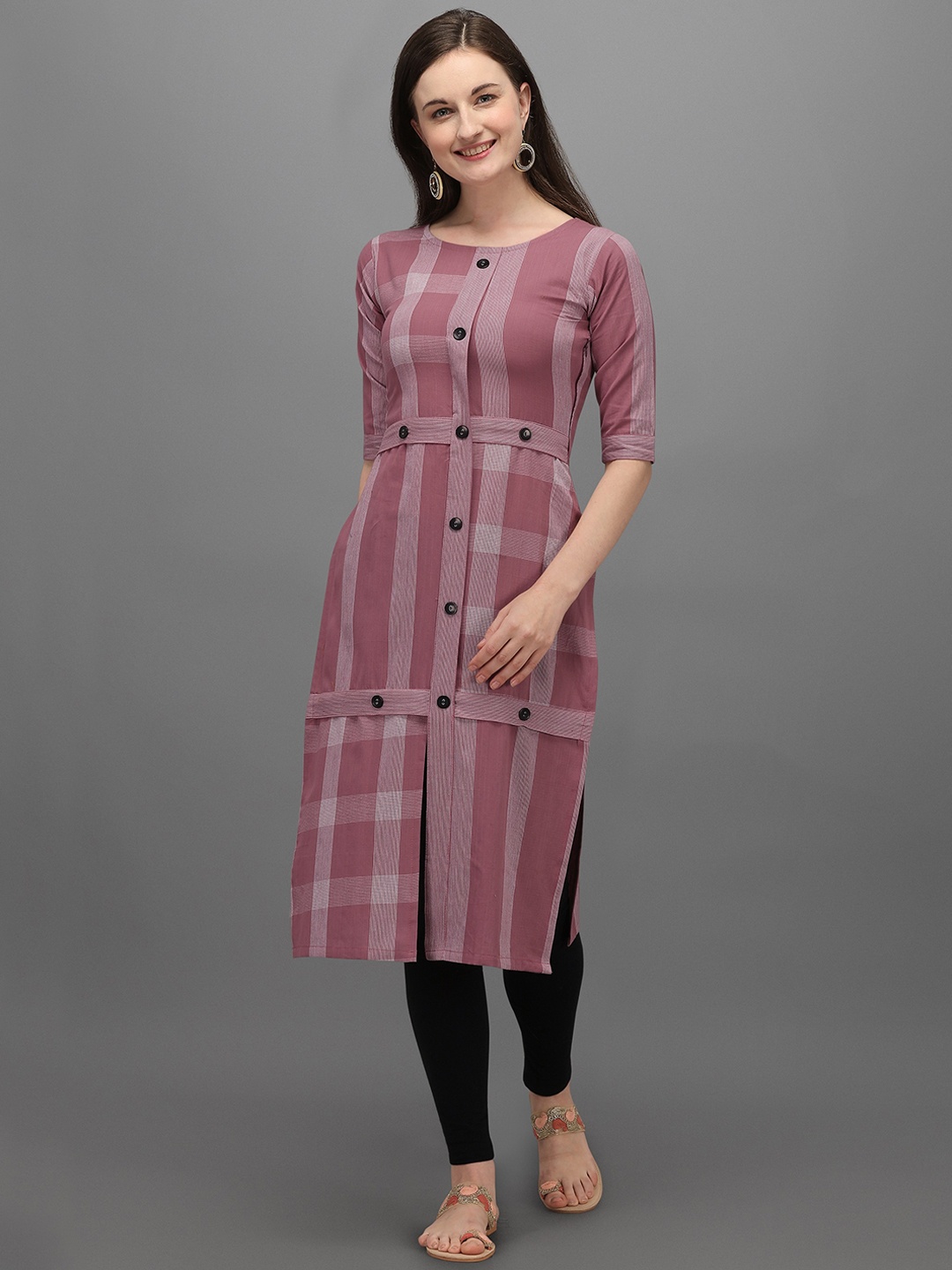 

Fashion Booms Women Pink Checked Straight Kurta