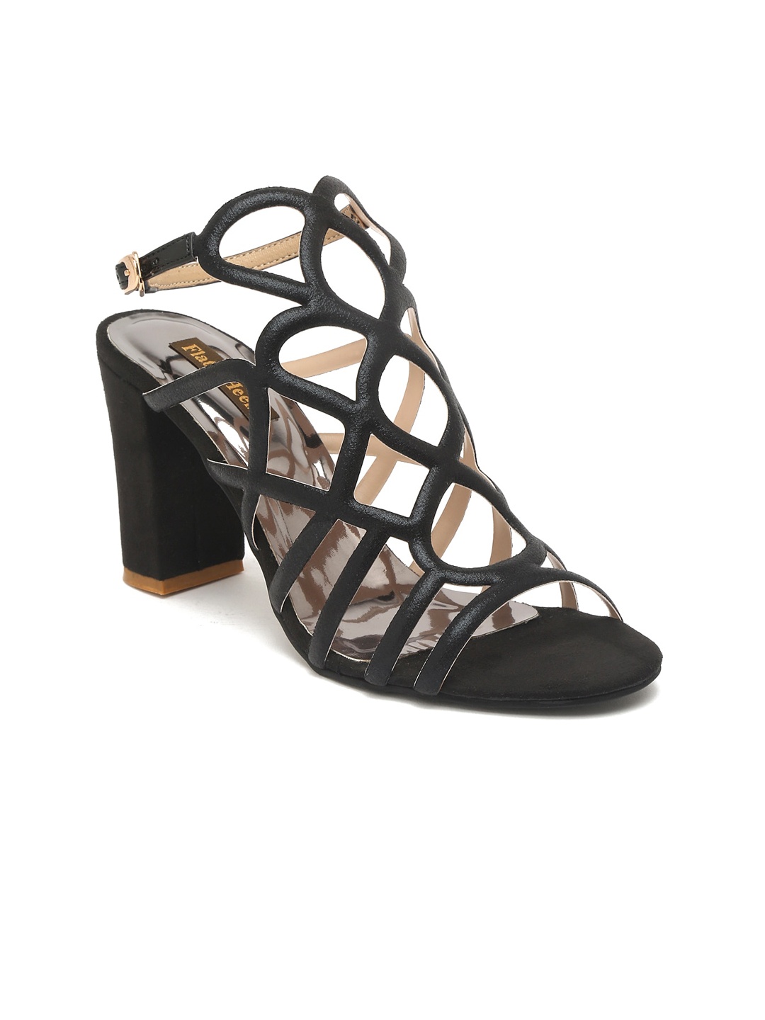 

Flat n Heels Women Black Block Heels with Laser Cuts
