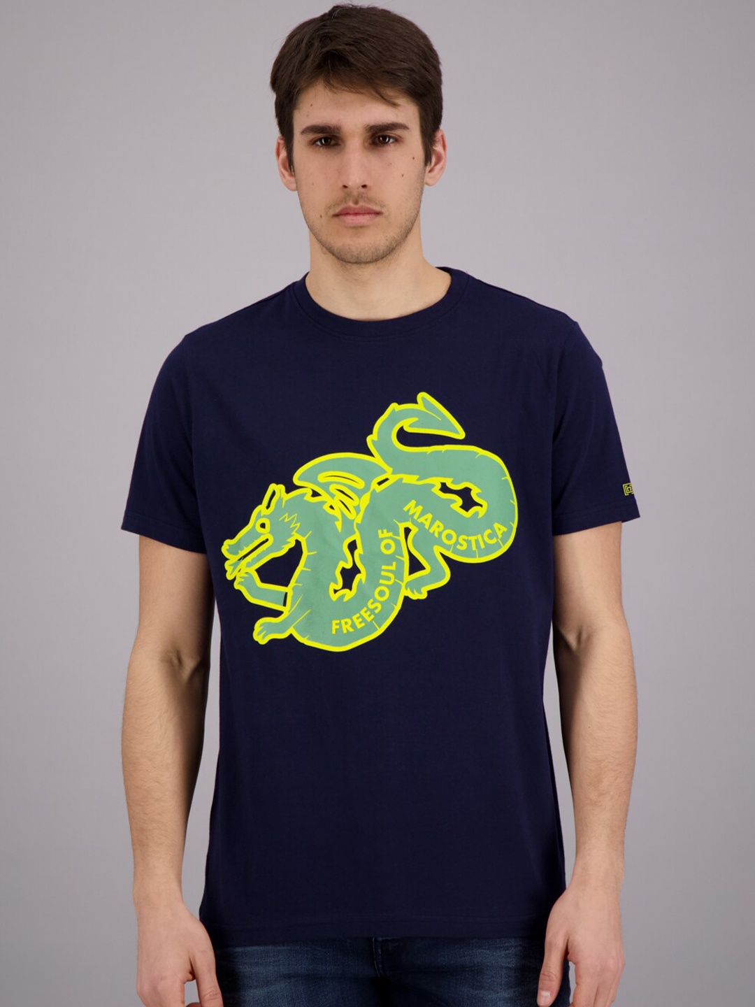 

FREESOUL Men Navy Blue & Green Printed Pure Cotton T-shirt