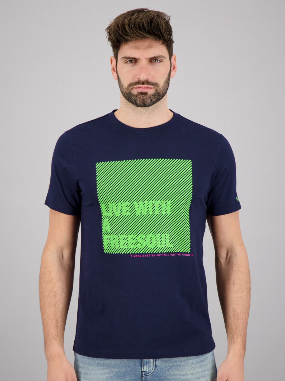 

FREESOUL Men Navy Blue Typography Printed Cotton T-shirt