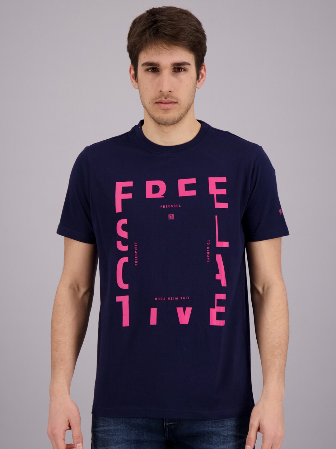 

FREESOUL Men Navy Blue Typography Printed Pure Cotton T-shirt