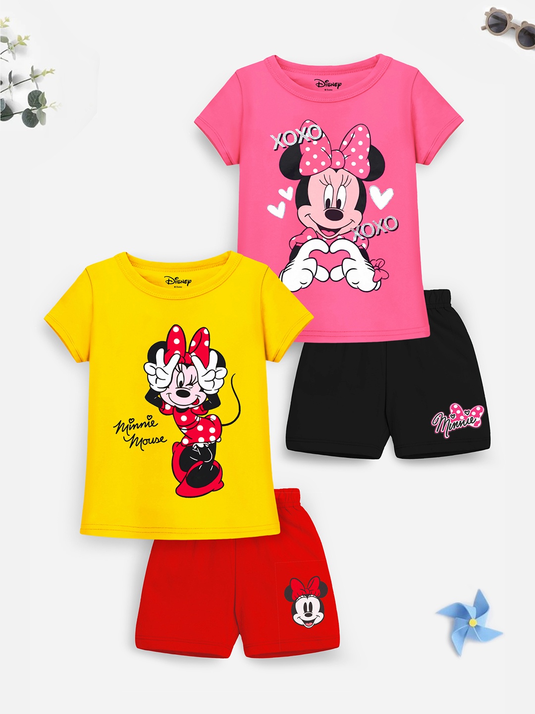 

YK Disney Girls Pack Of 2 Minnie Mouse Printed T-shirt with Shorts, Black