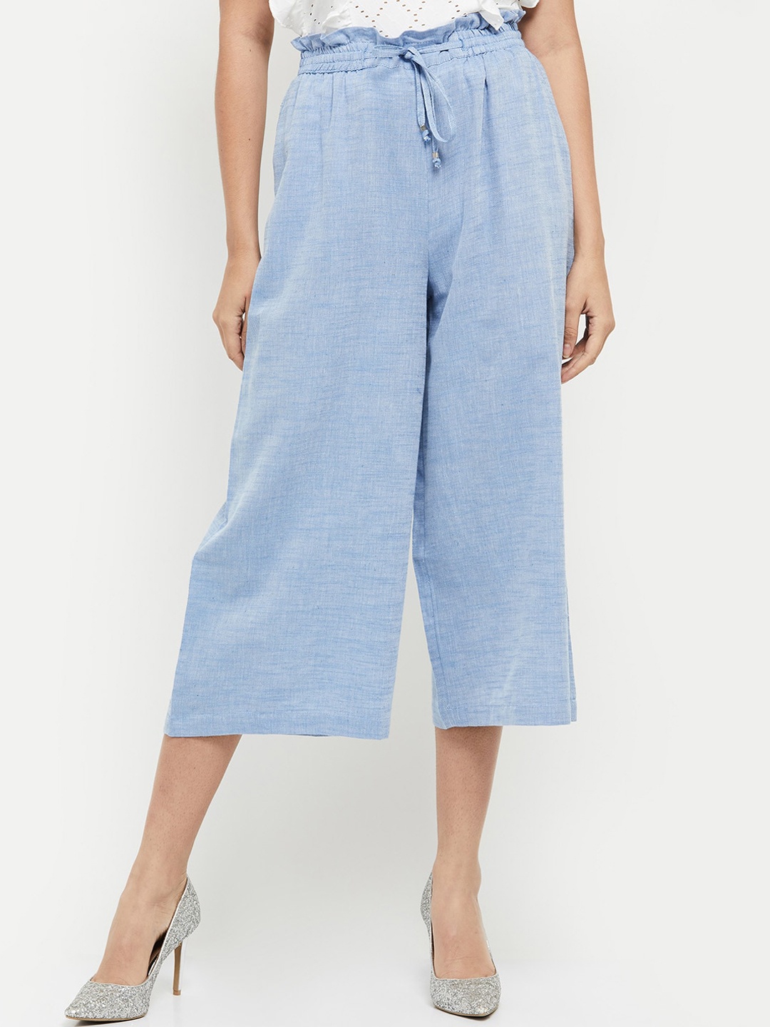 

max Women Blue Pleated Pure Cotton Culottes Trousers