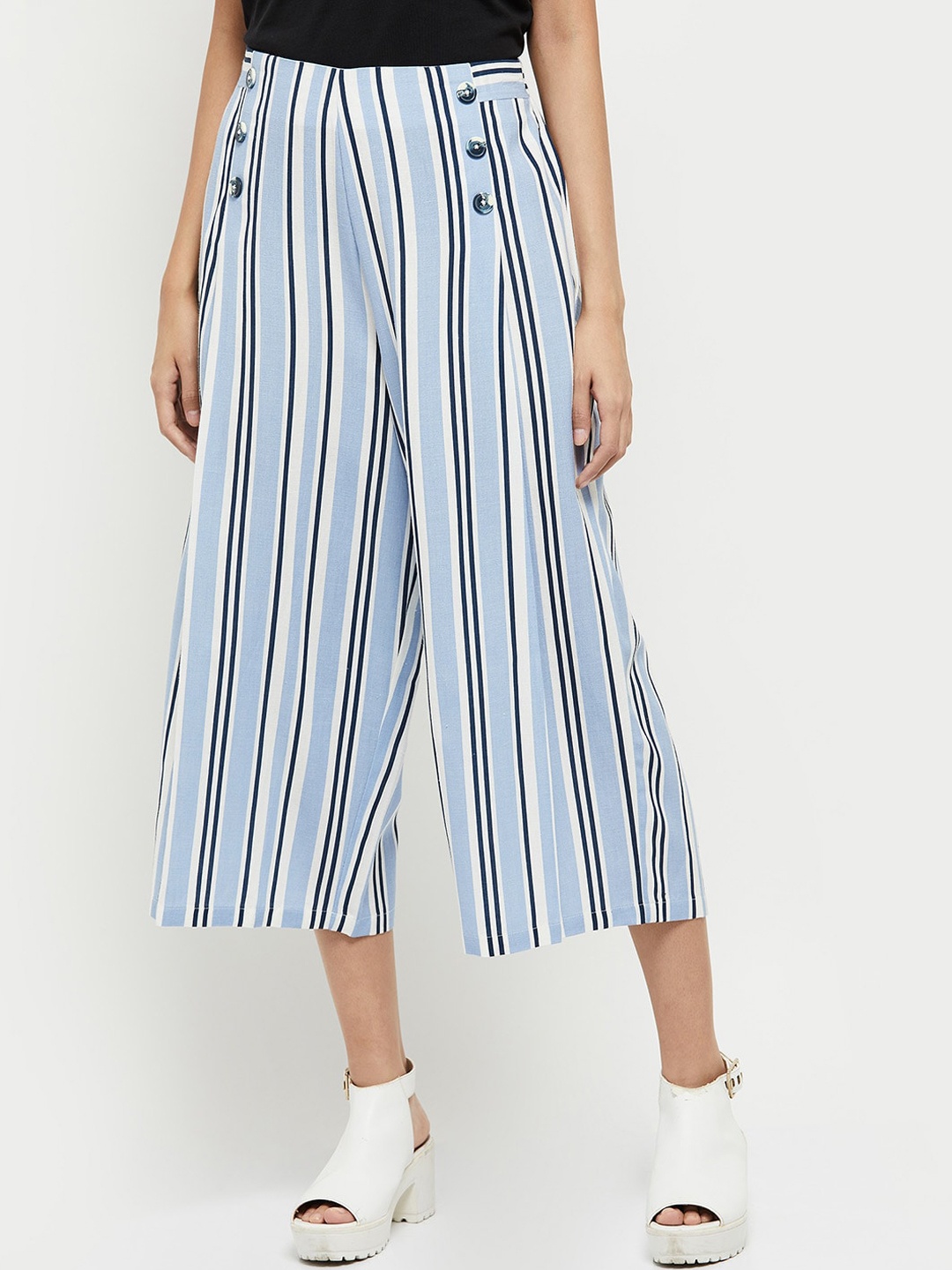 

max Women White Striped Flared Culottes Trousers