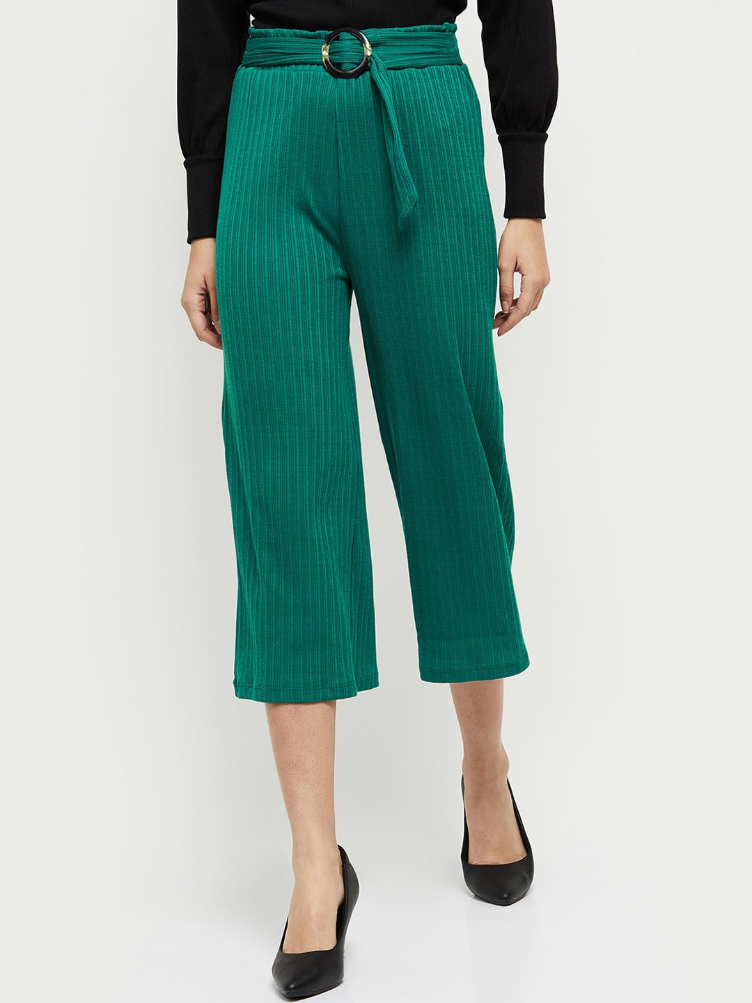 

max Women Green Striped Culottes Trousers