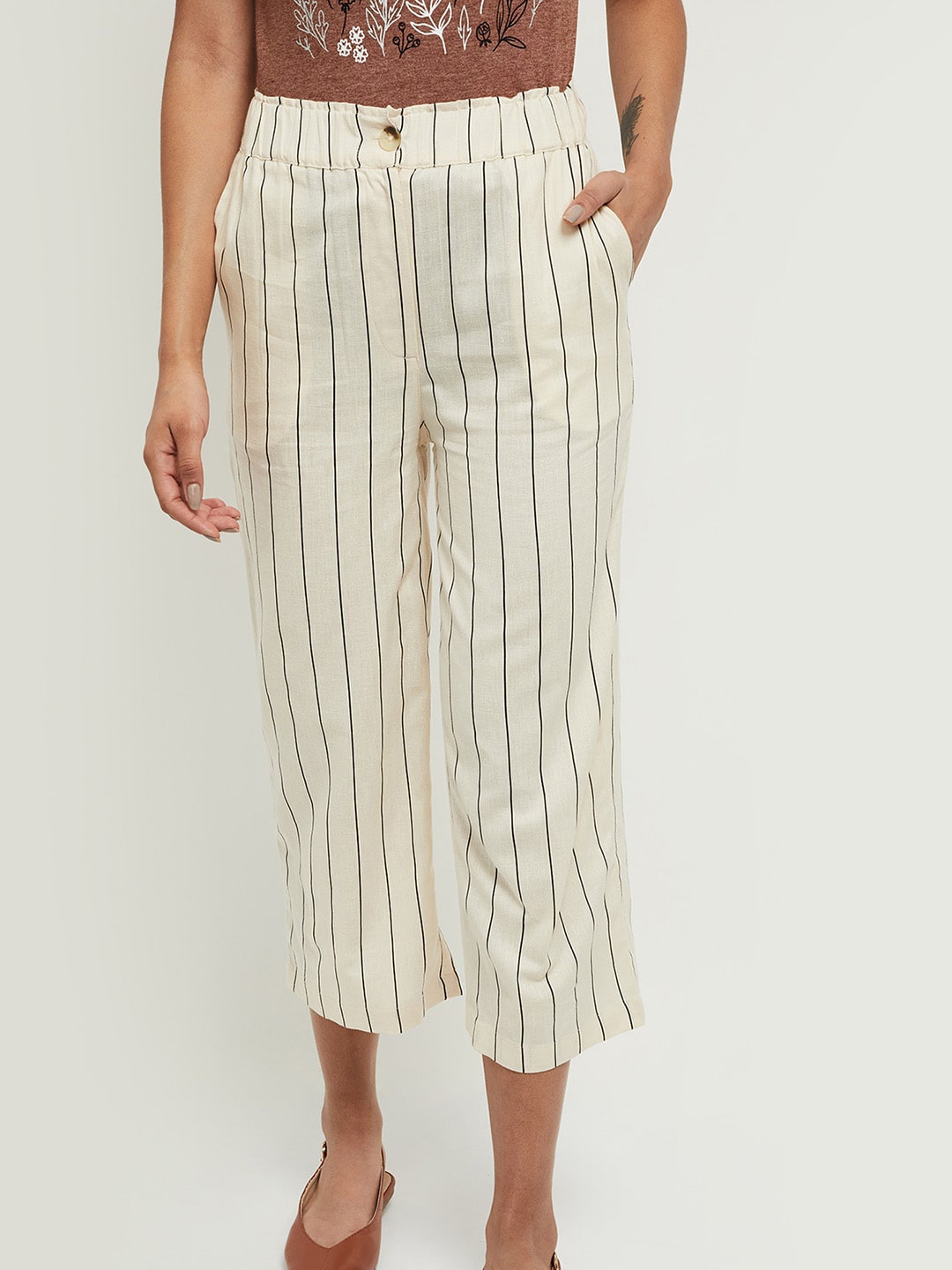 

max Women Beige Regular Fit Striped Cotton Culottes Trousers