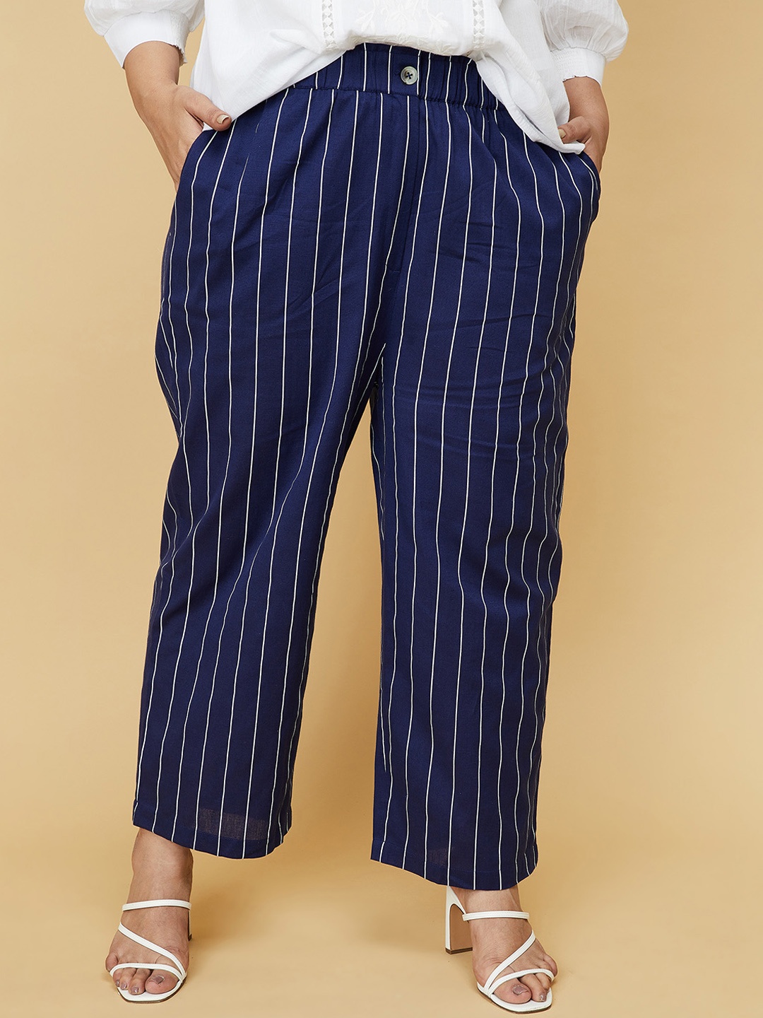

max Plus Size Women Navy Blue Striped Pleated Trousers