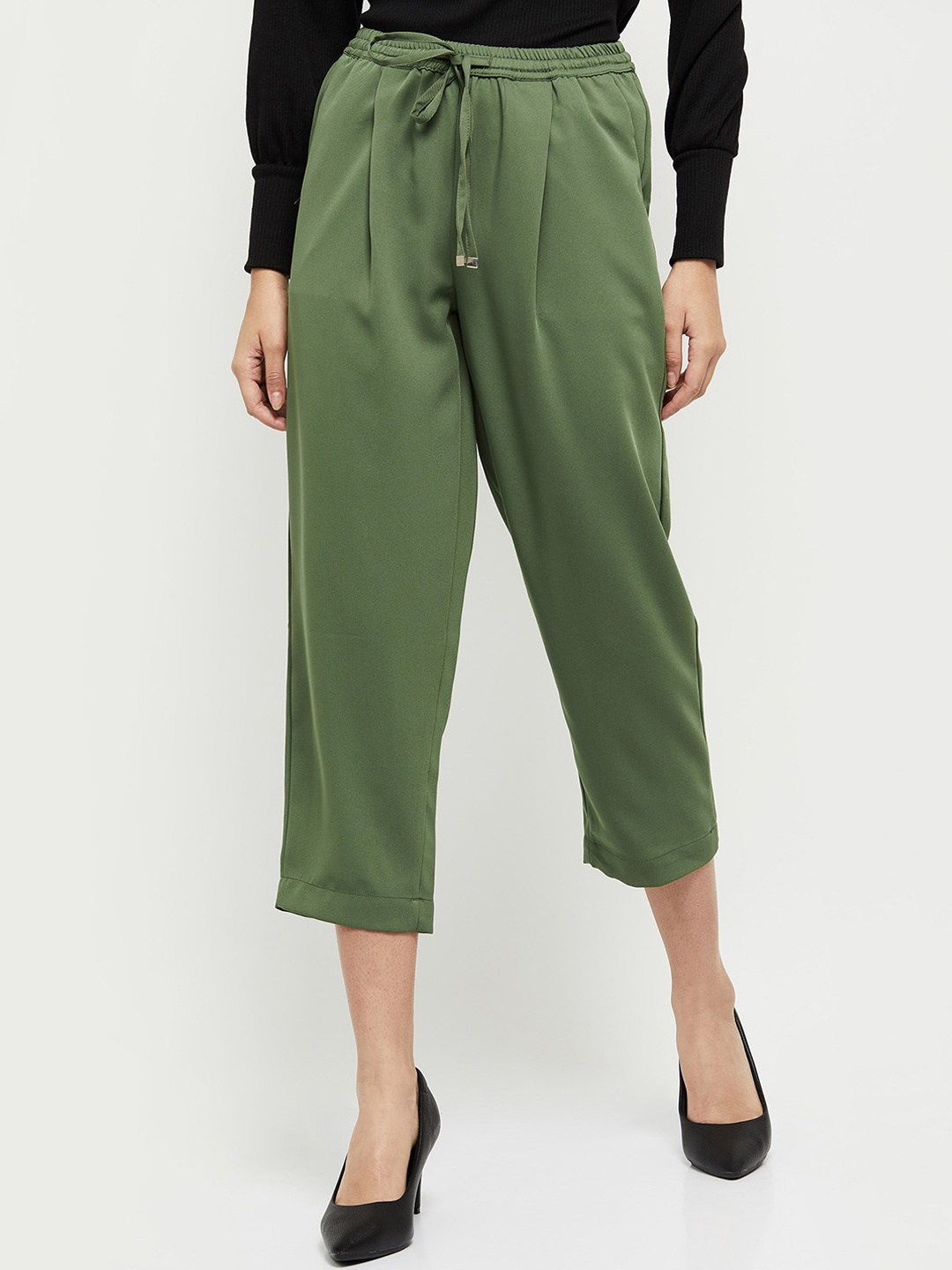 

max Women Olive Green Pleated Culottes Trousers