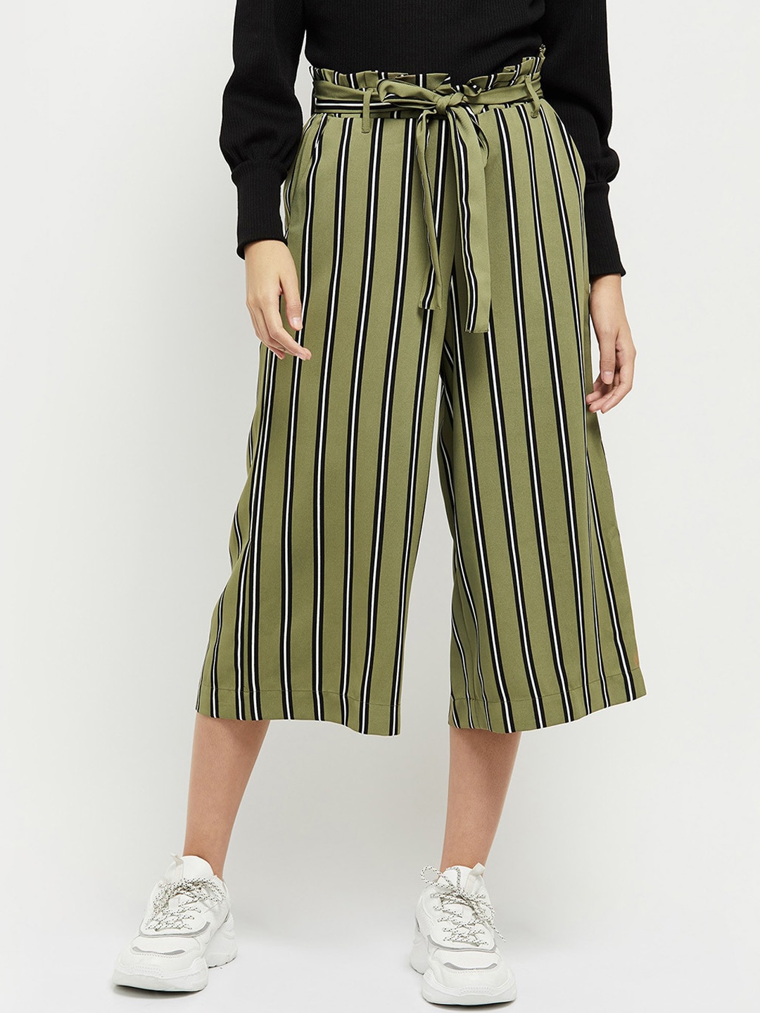 

max Women Olive Green Striped Culottes Trousers