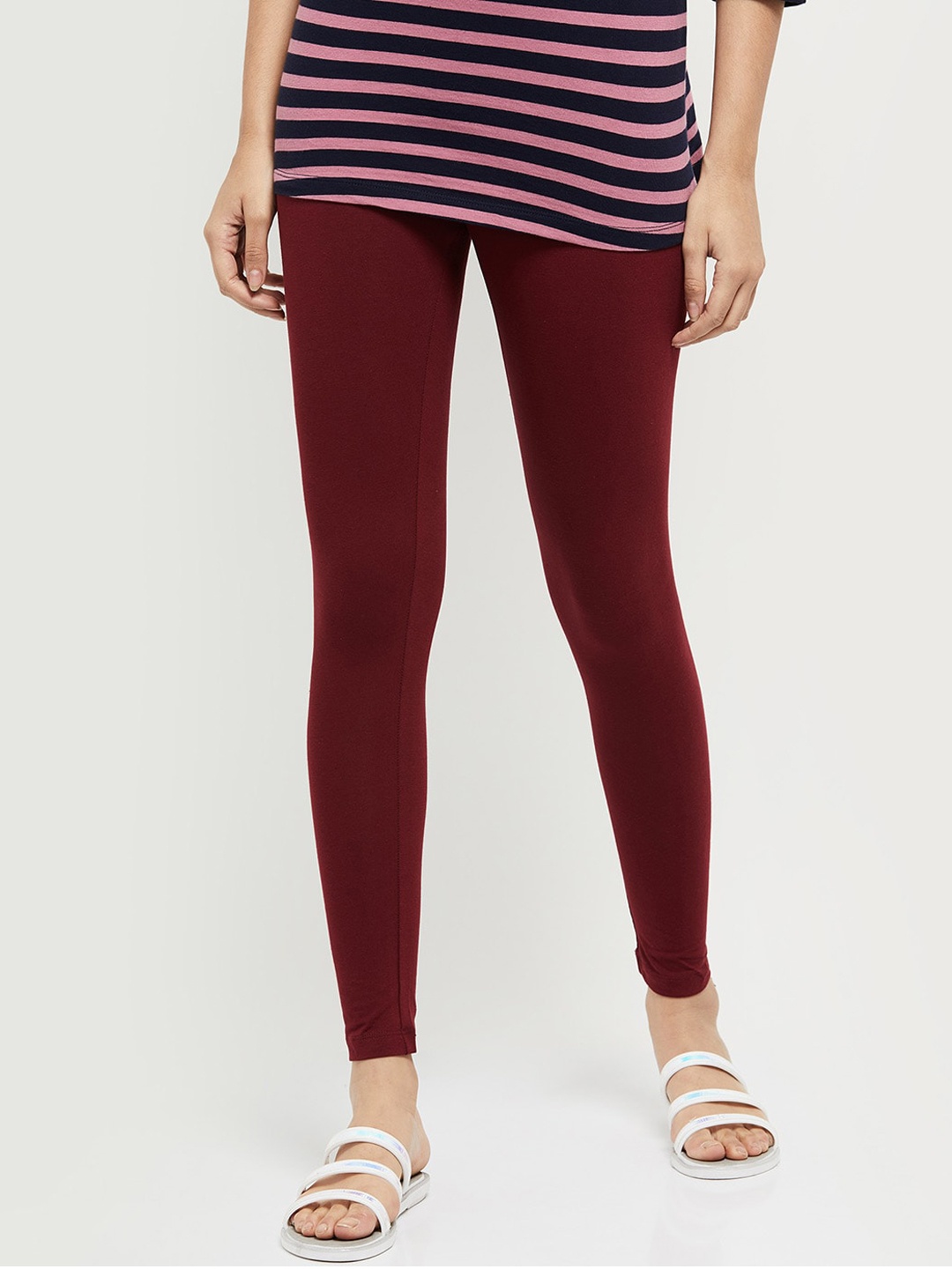 

max Women Maroon Solid Ankle-Length Cotton Leggings