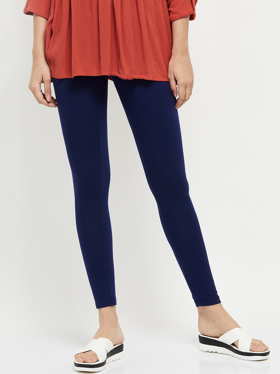 

max Women Navy Blue Solid Ankle-Length Leggings