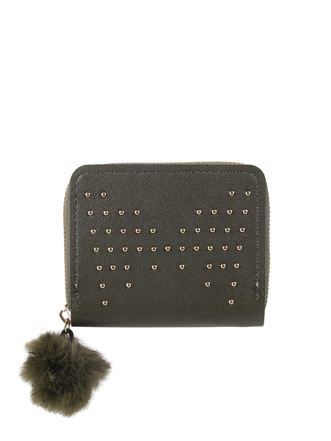 

WALKWAY by Metro Women Olive Green & Gold-Toned Embellished Zip Around Wallet