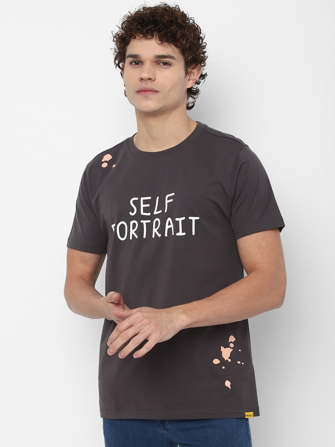

FOREVER 21 Men Charcoal Typography Printed Pure Cotton T-shirt