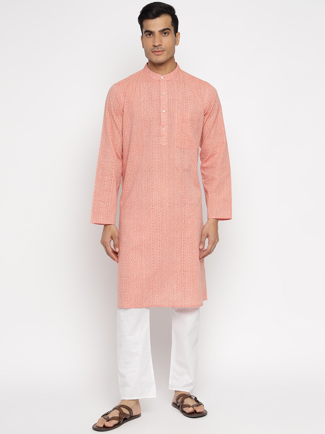 

Fabindia Men Pink Geometric Printed Kurta