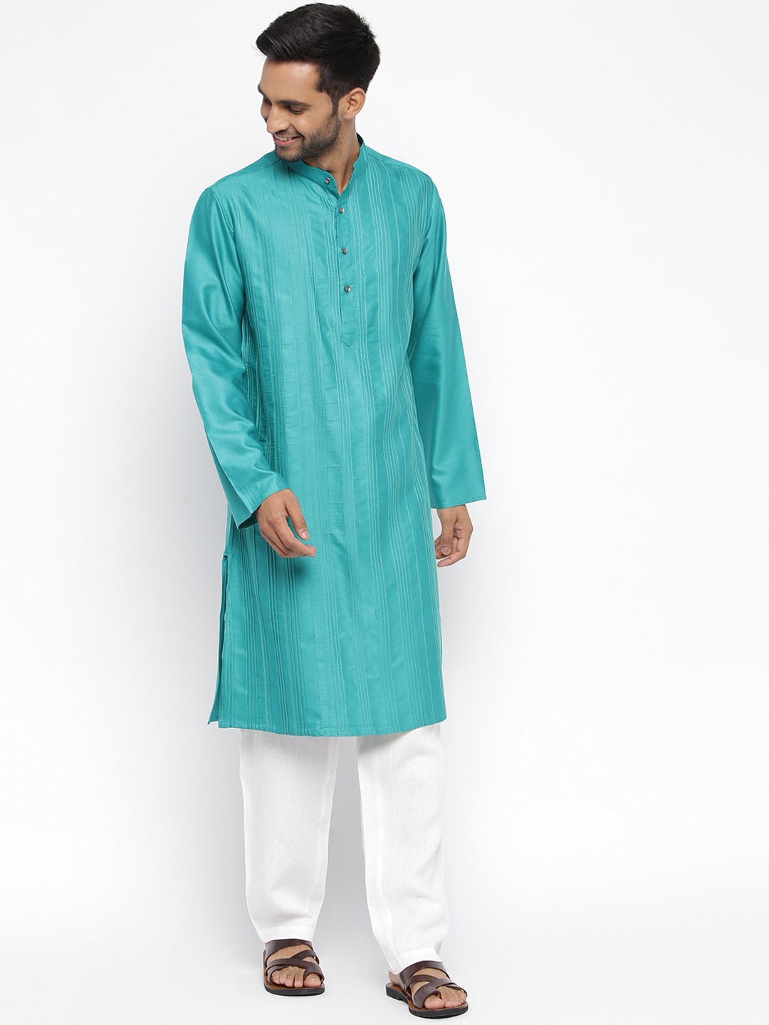 

Fabindia Men Turquoise Blue Striped Thread Work Kurta