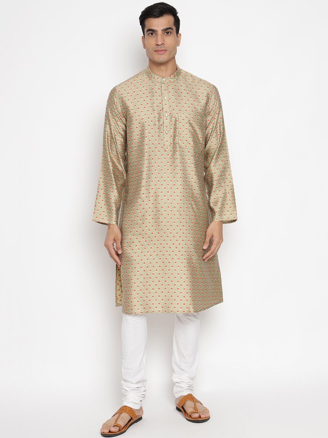 

Fabindia Men Gold-Toned & Coral Ethnic Motifs Kurta