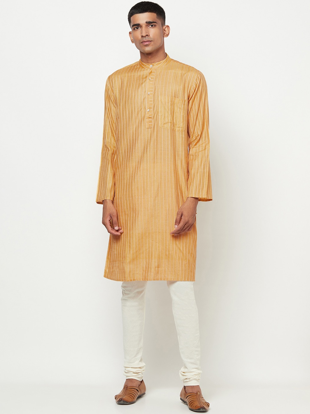 

Fabindia Men Golden & White Striped Silk Tussar Kurta, Gold