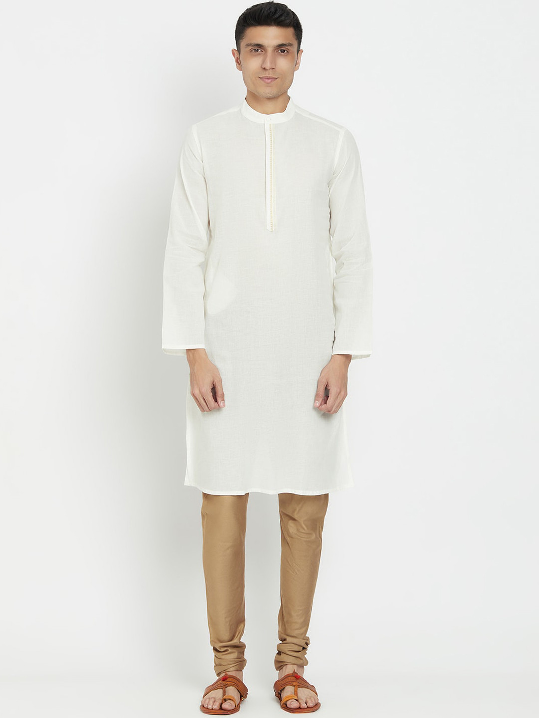 

Fabindia Men White Striped Thread Work Cotton Kurta
