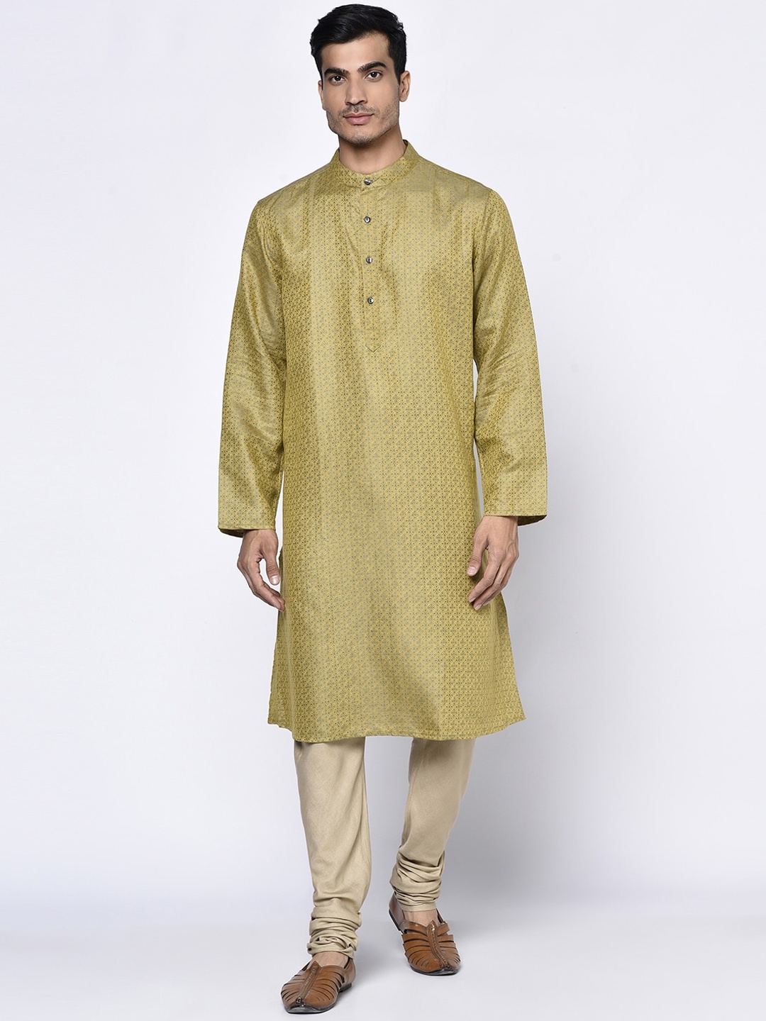 

Fabindia Men Mustard Yellow & Grey Ethnic Motifs Kurta