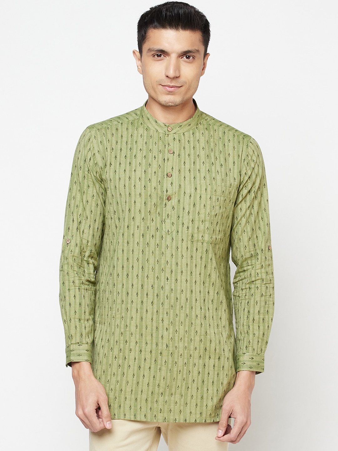 

Fabindia Men Olive Green Ethnic Motifs Printed Cotton Short Kurta