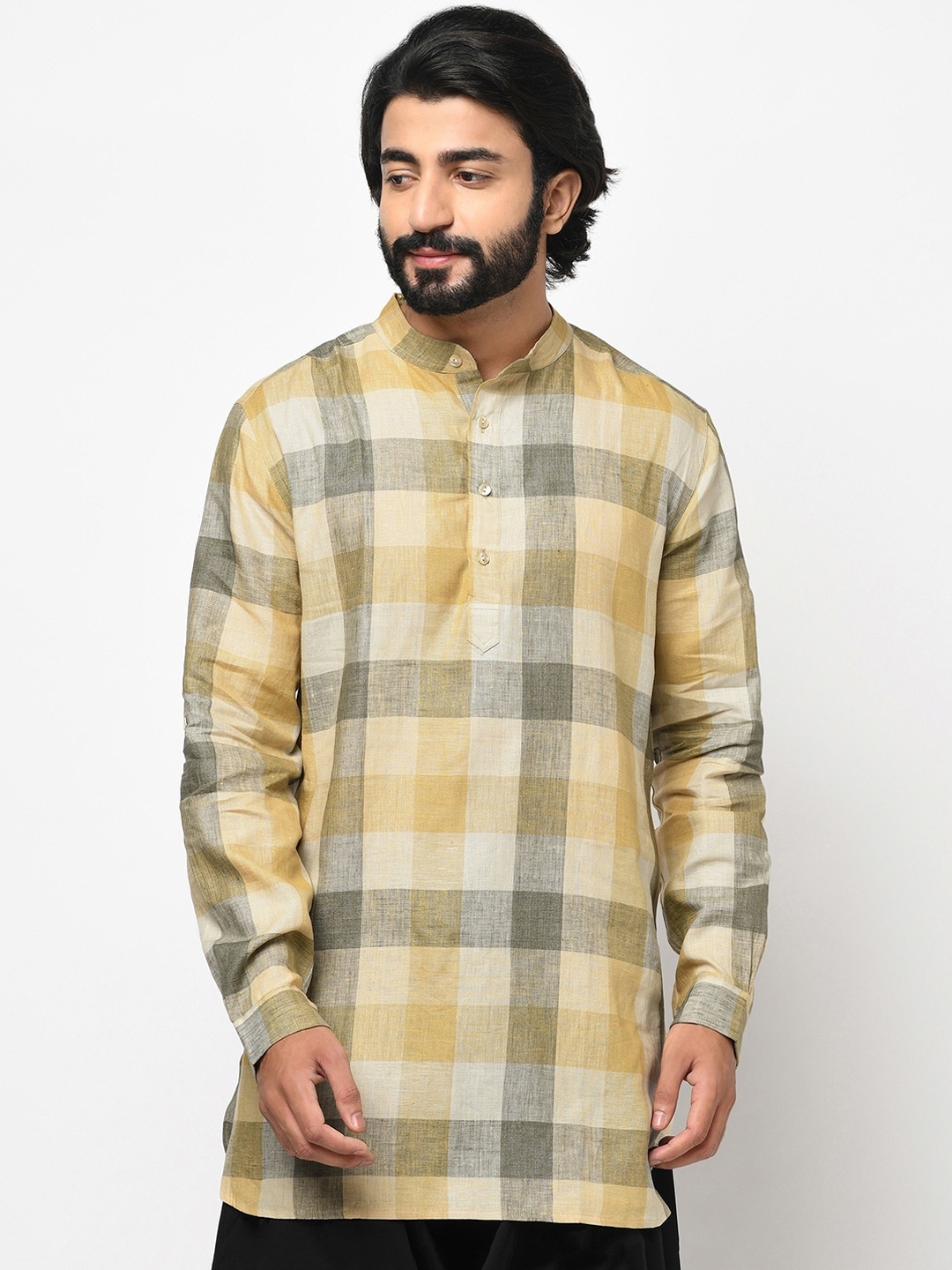 

Fabindia Men Yellow & Charcoal Checked Pathani Kurta