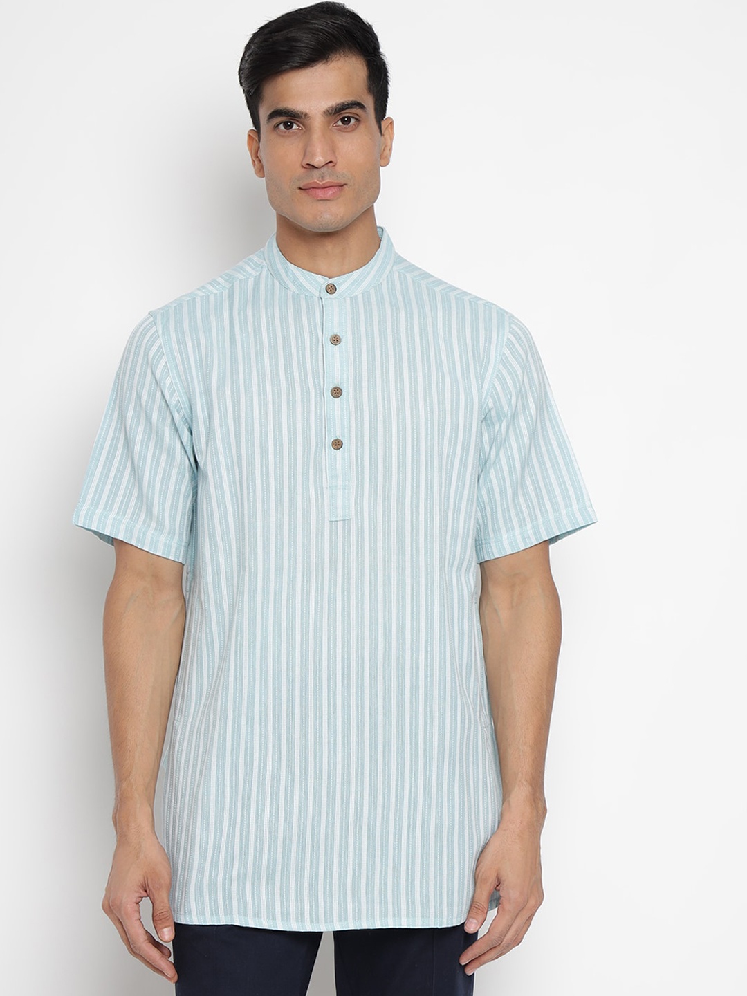 

Fabindia Men Blue Striped Dobby Cotton Kurta