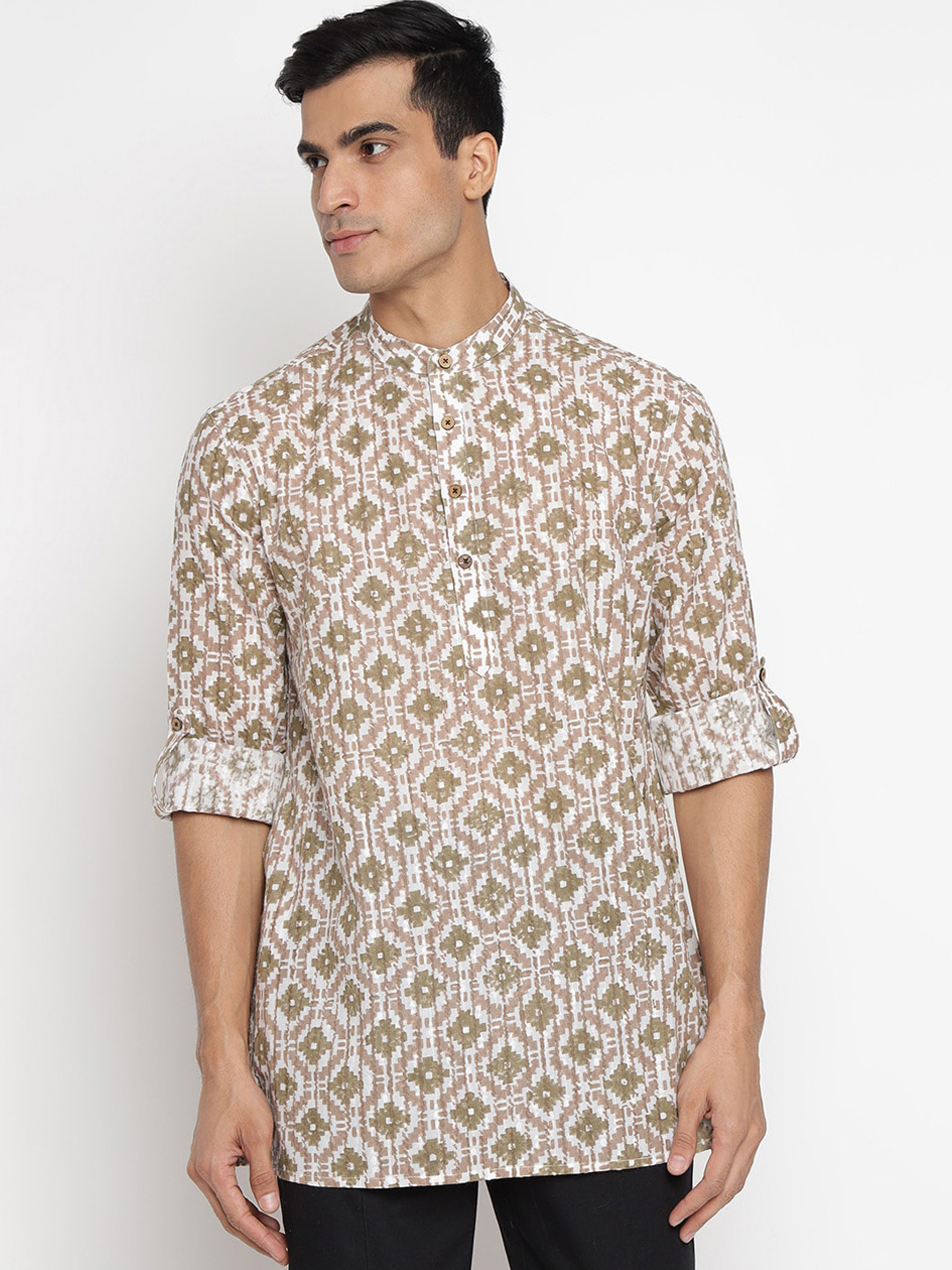 

Fabindia Men Brown Printed Dobby Cotton Kurta