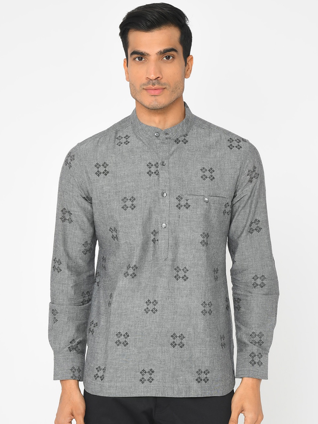 

Fabindia Men Grey Geometric Printed Pathani Kurta