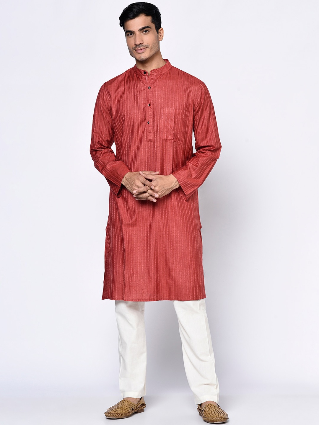 

Fabindia Men Red Striped Cold-Shoulder Sleeves Thread Work Kurta