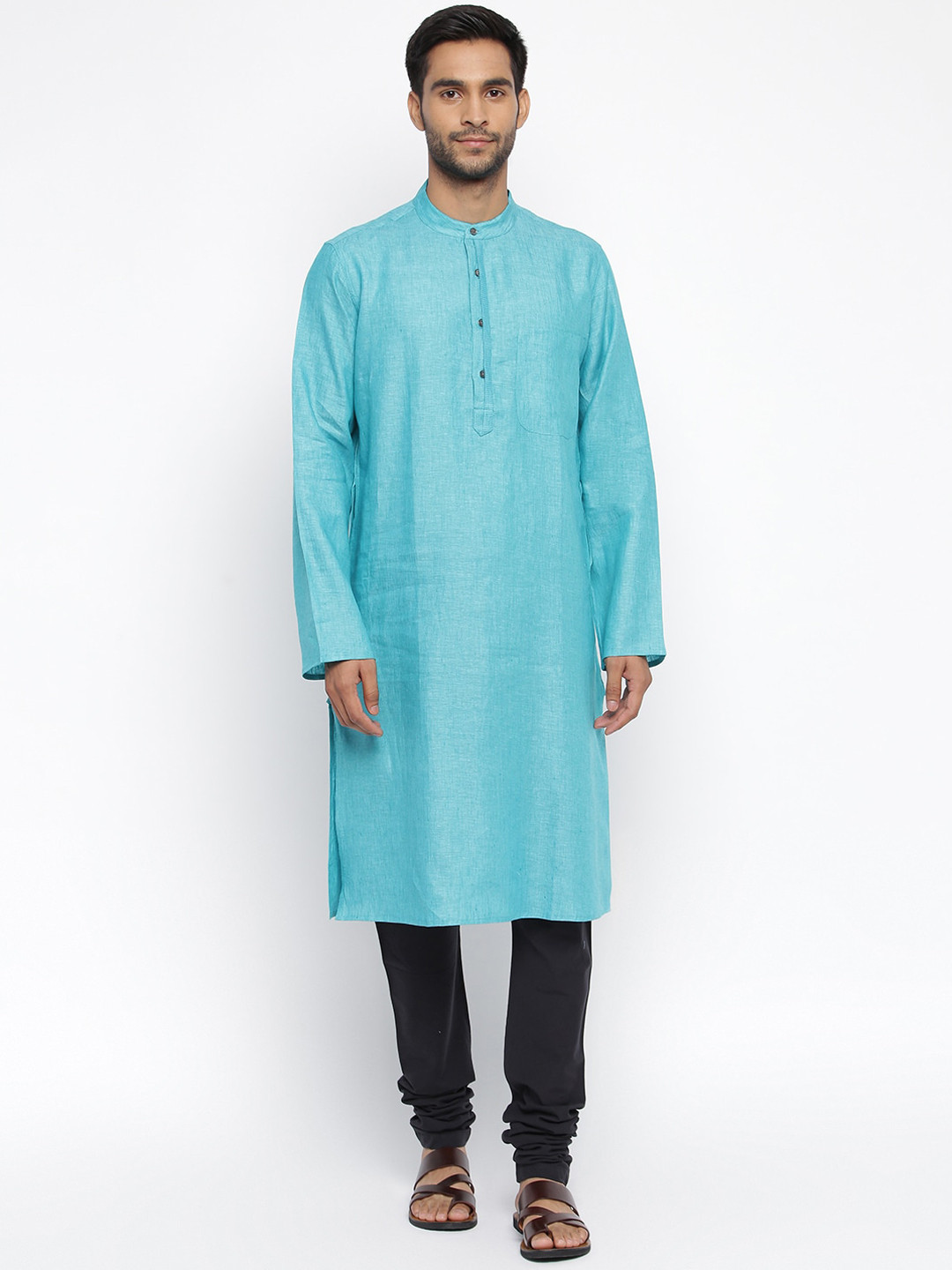 

Fabindia Men Teal Slim Fit Thread Work Kurta