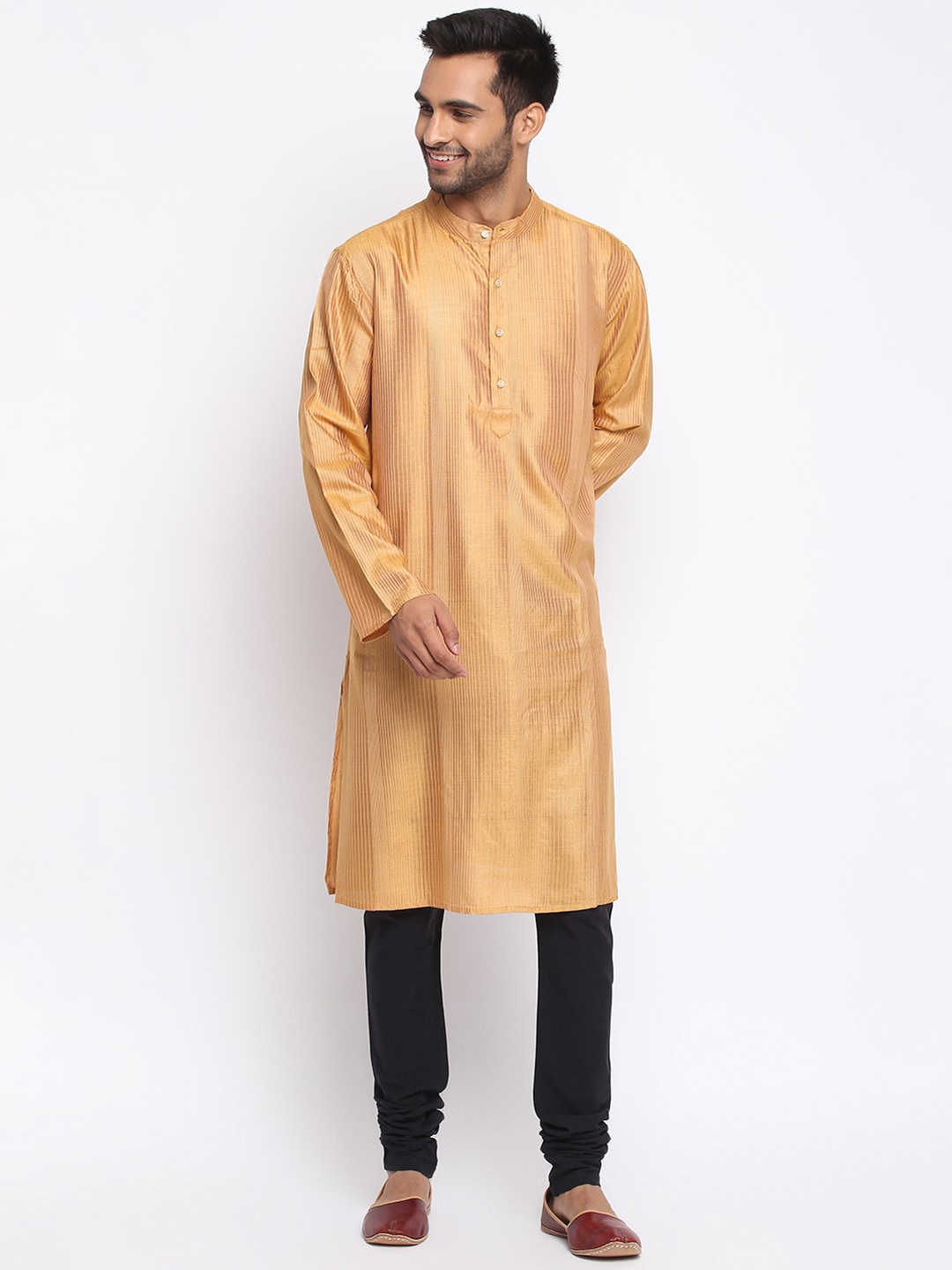 

Fabindia Men Mustard Yellow Striped Thread Work Dobby Kurta