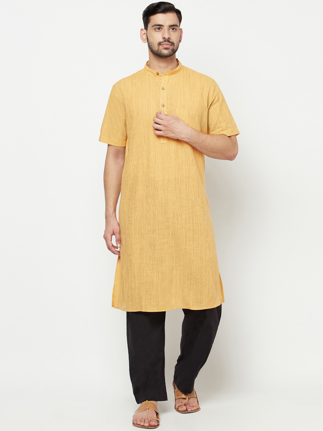 

Fabindia Men Yellow Striped Cotton Kurta