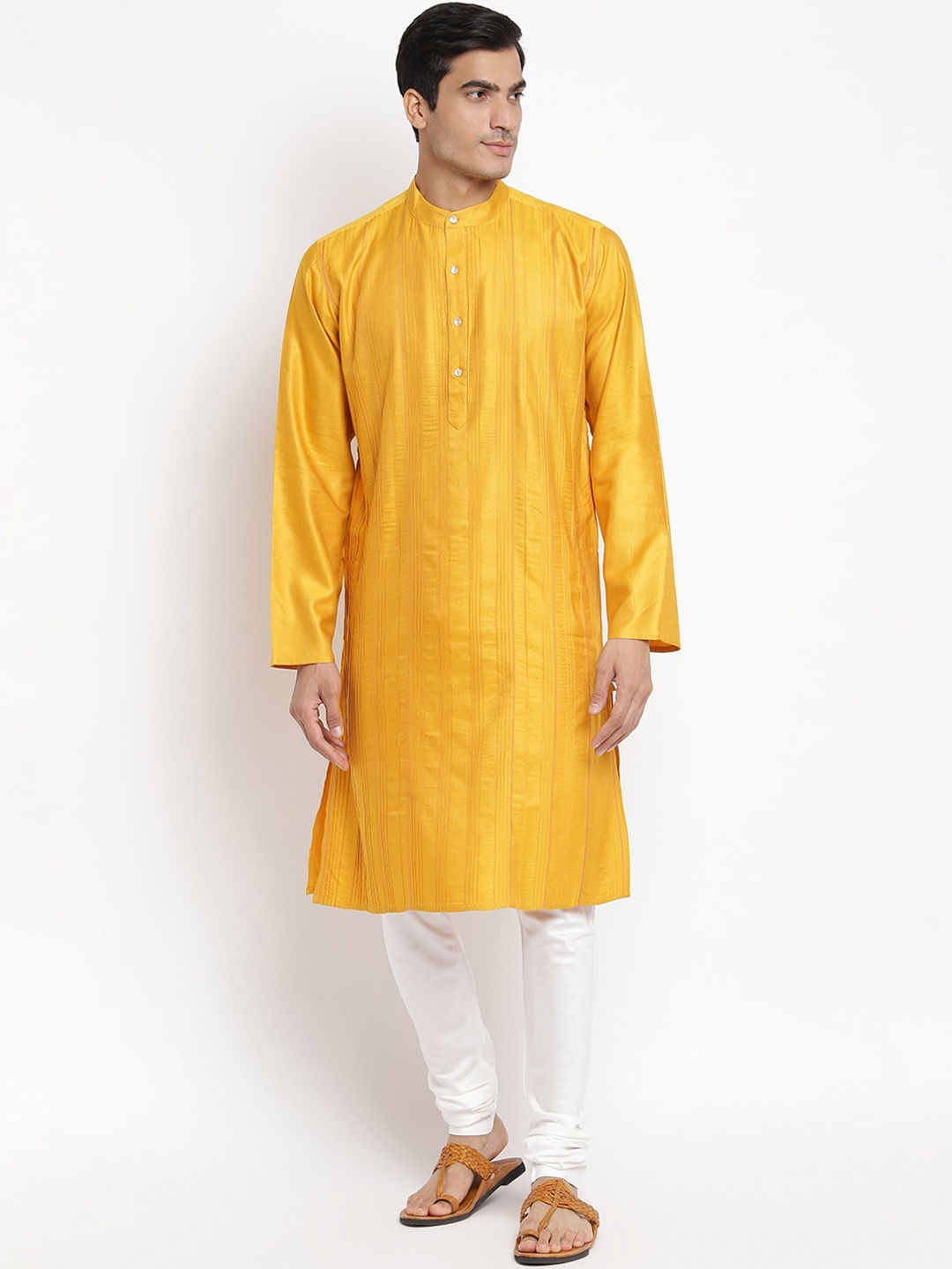 

Fabindia Men Yellow Striped Thread Work Kurta
