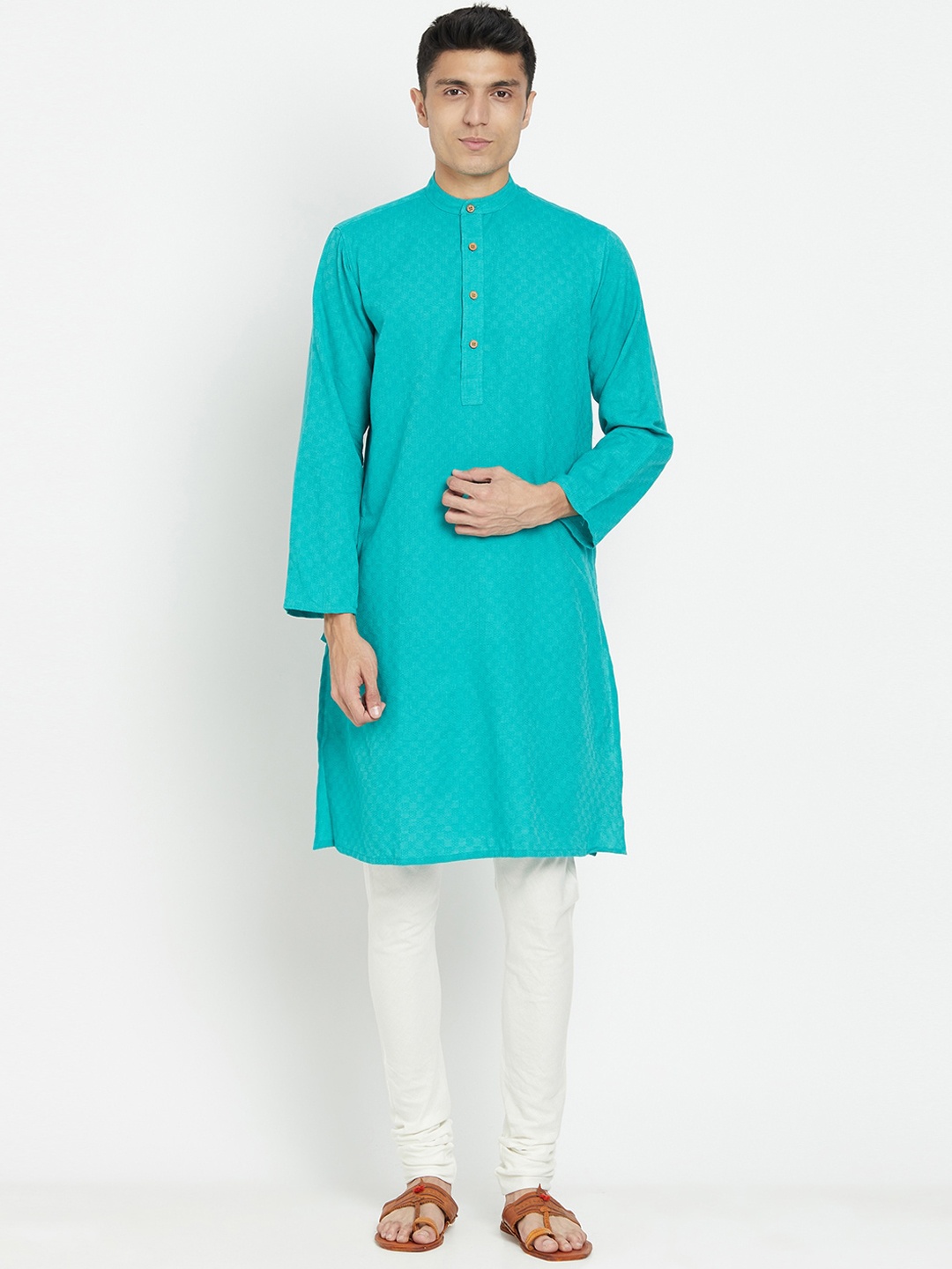 

Fabindia Men Turquoise Blue Dobby Kurta