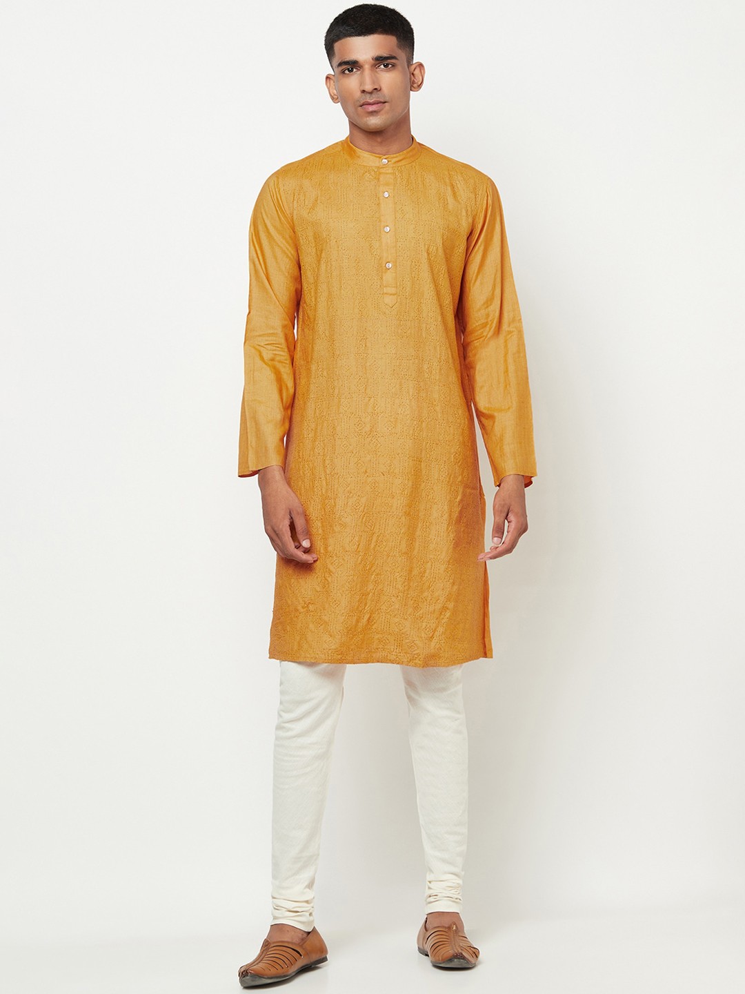 

Fabindia Men Mustard Yellow Embroidered Thread Work Kurta