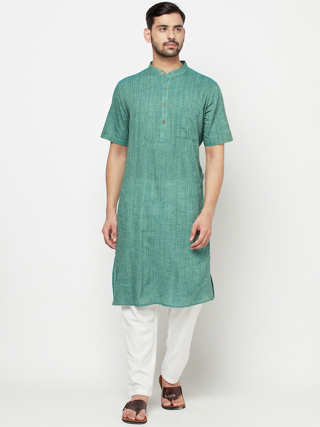 

Fabindia Men Green Striped Cotton Kurta