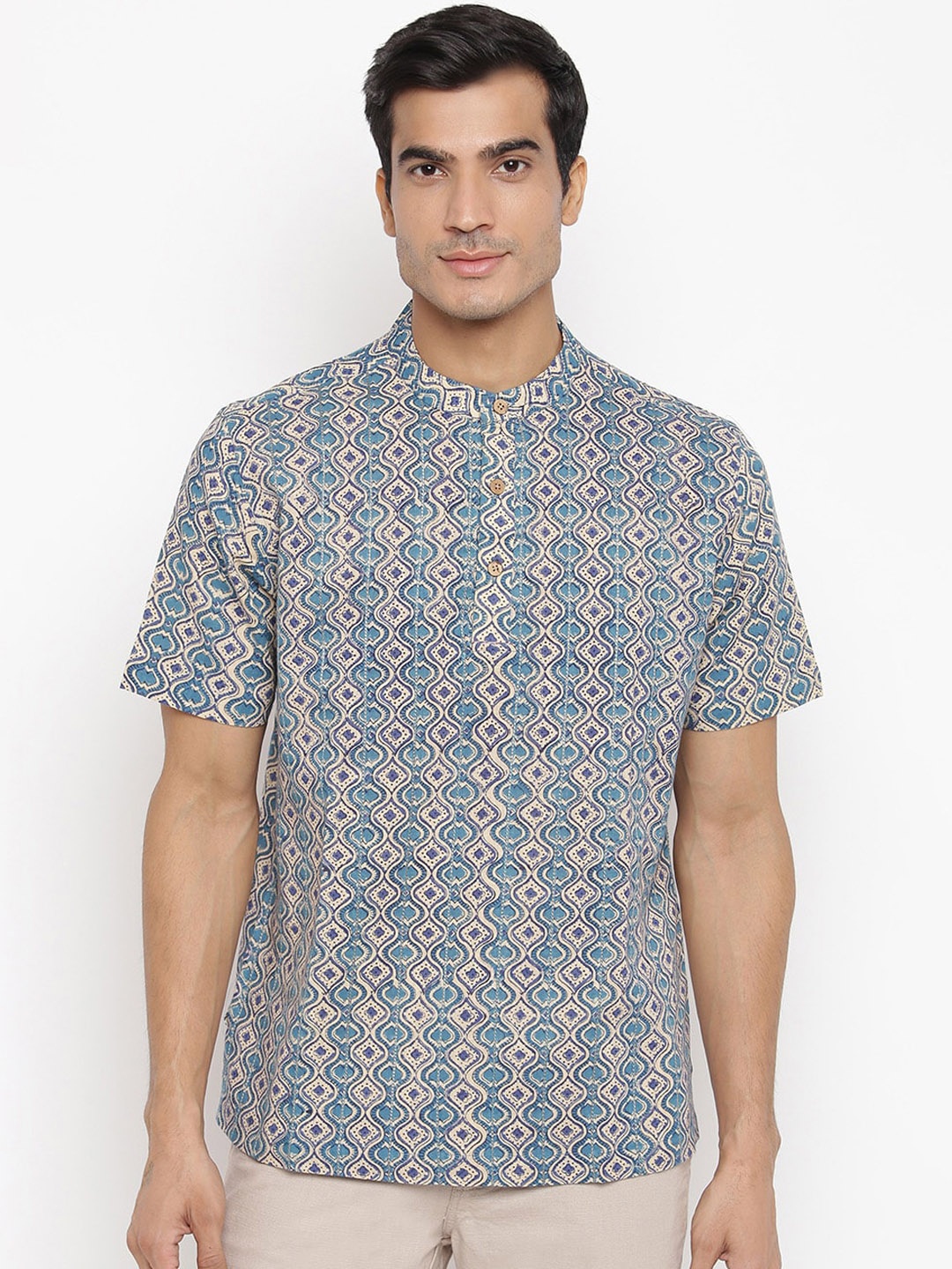 

Fabindia Men Blue & Beige Ethnic Motifs Printed Kurta