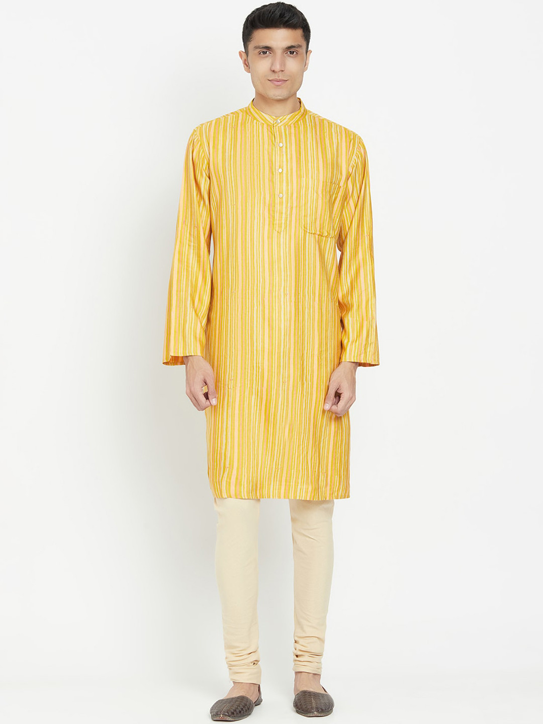 

Fabindia Men Yellow Striped Thread Work Kurta