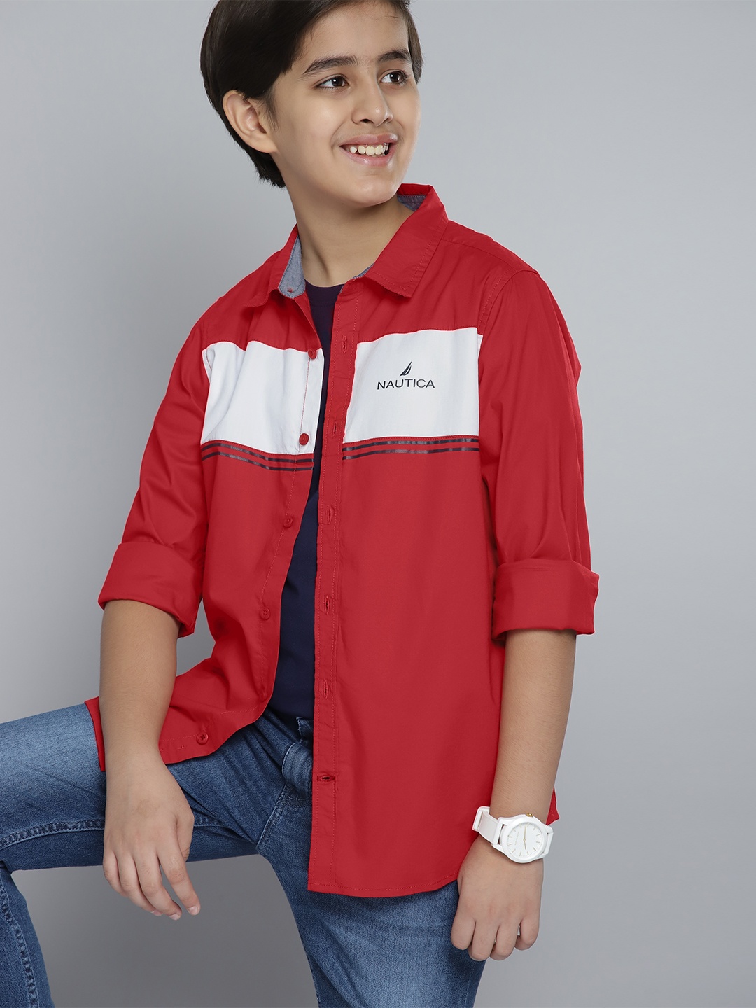 

Nautica Boys Red & White Colourblocked Casual Shirt