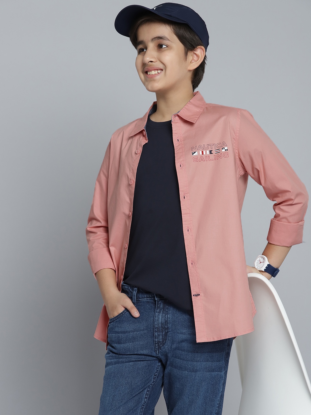 

Nautica Boys Peach-Coloured Solid Casual Shirt