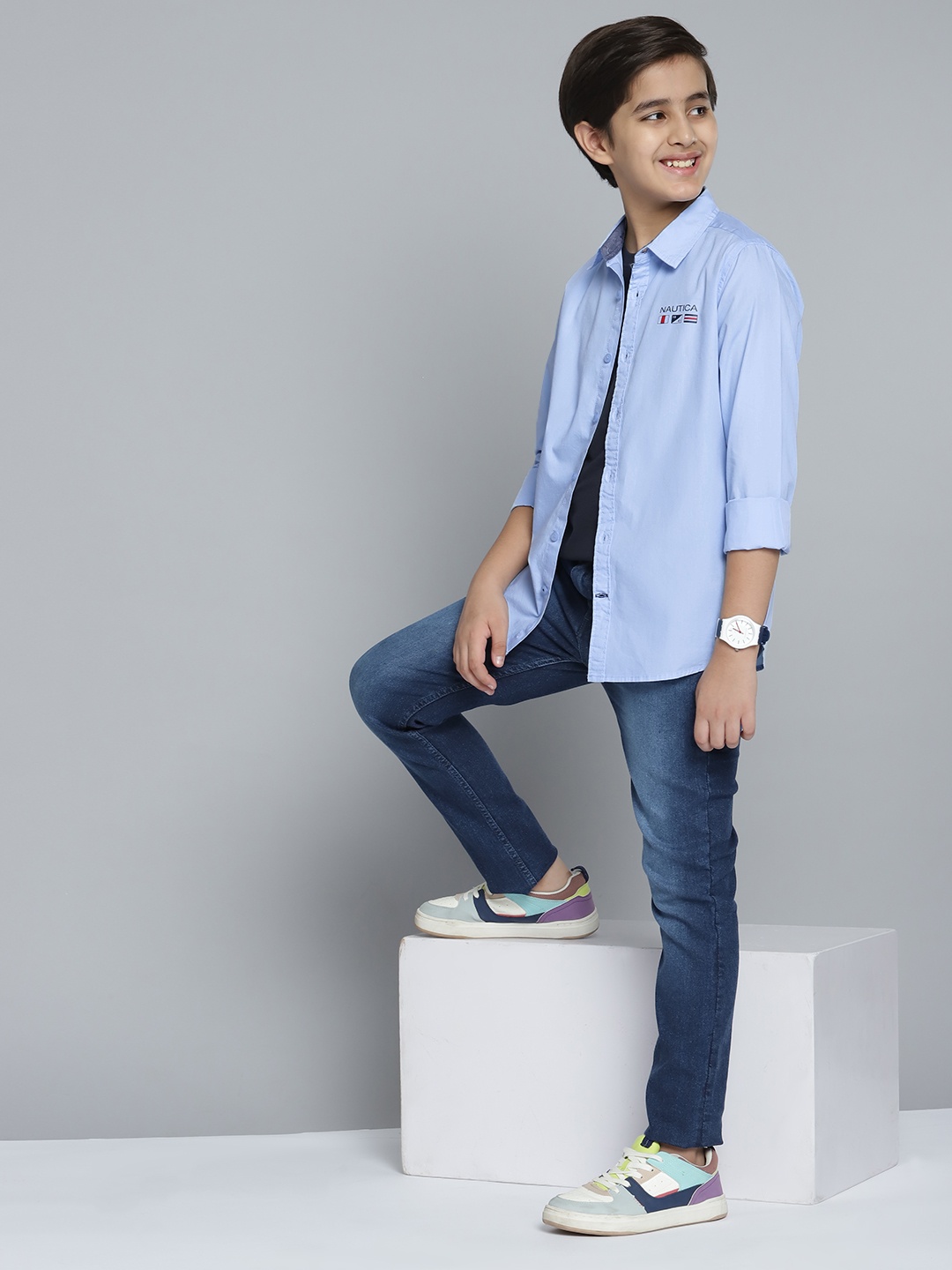 

Nautica Boys Blue Solid Pure Cotton Casual Shirt