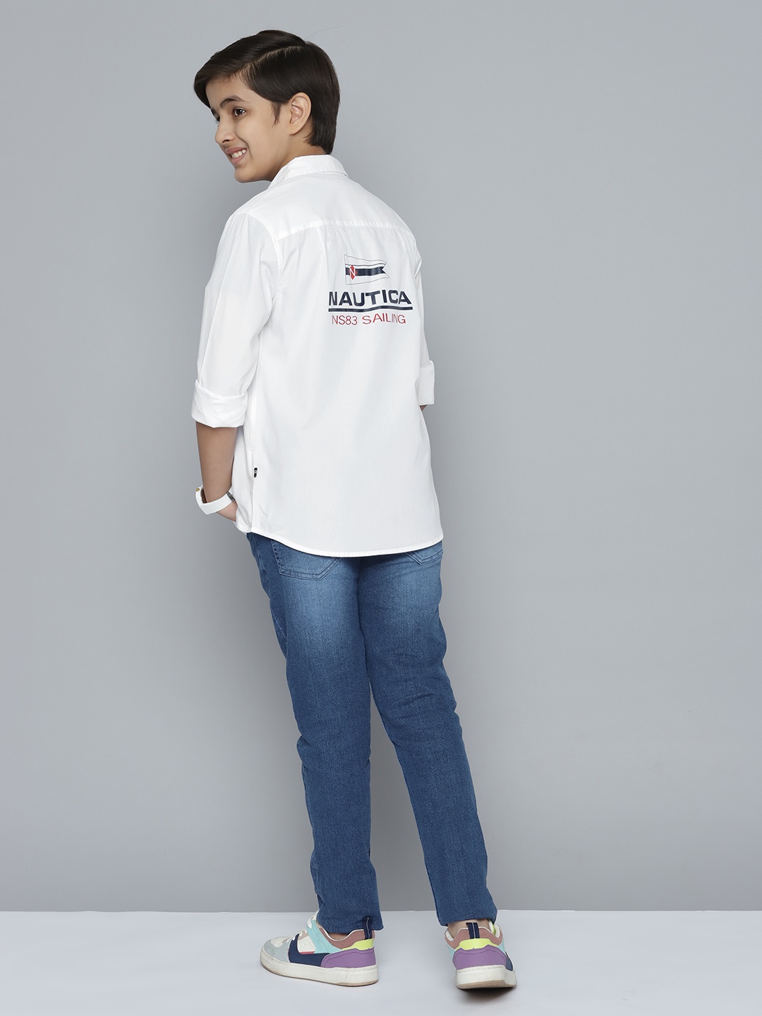 

Nautica Boys White & Navy Blue Printed Cotton Casual Shirt