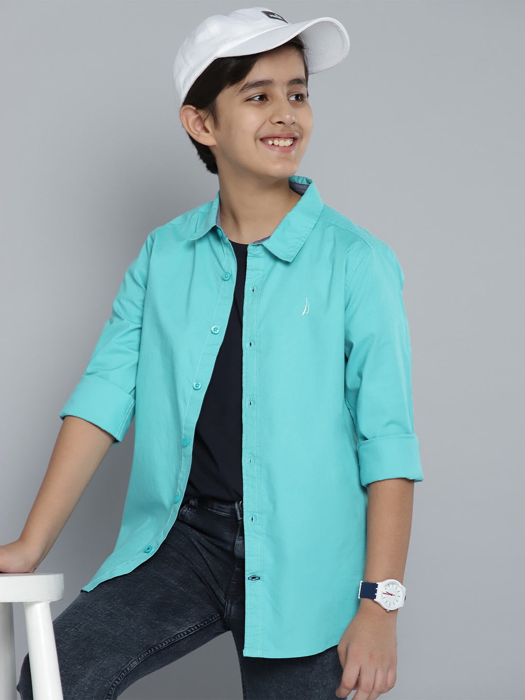 

Nautica Boys Turquoise Blue Solid Casual Shirt