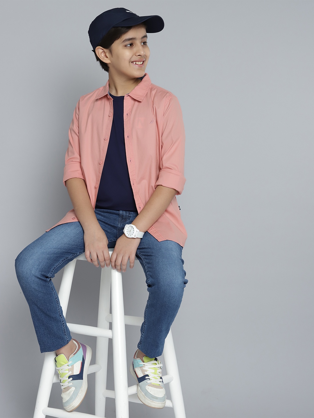 

Nautica Boys Peach-Coloured Solid Casual Shirt