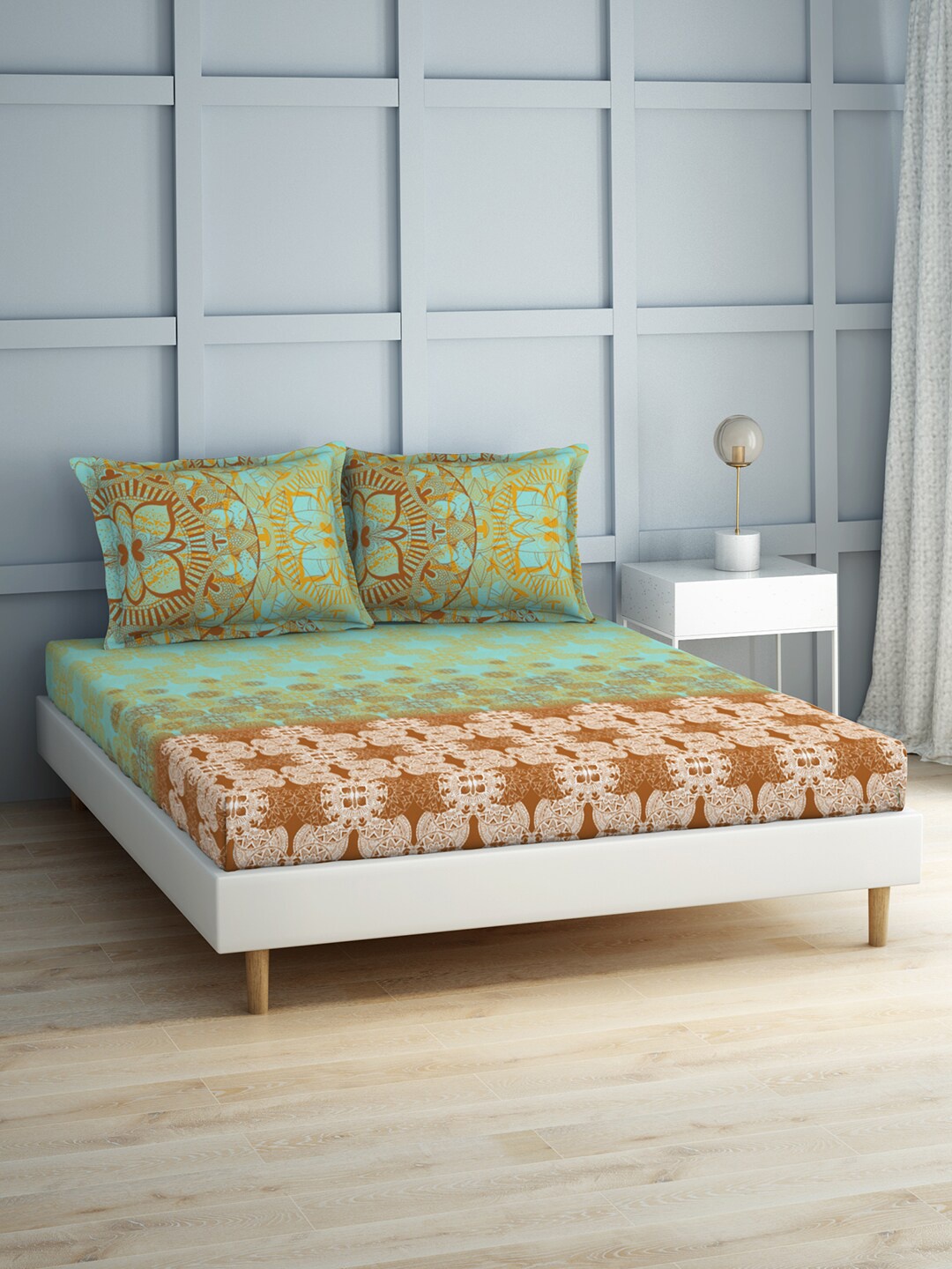 

SPACES Teal & Brown Ethnic Motifs 210 TC King Bedsheet with 2 Pillow Covers