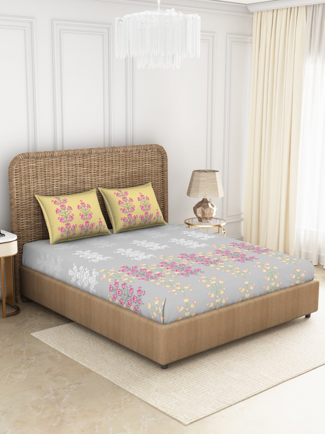 

SPACES Grey & Pink Floral 144 TC Pure Cotton Queen Bedsheet with 2 Pillow Covers