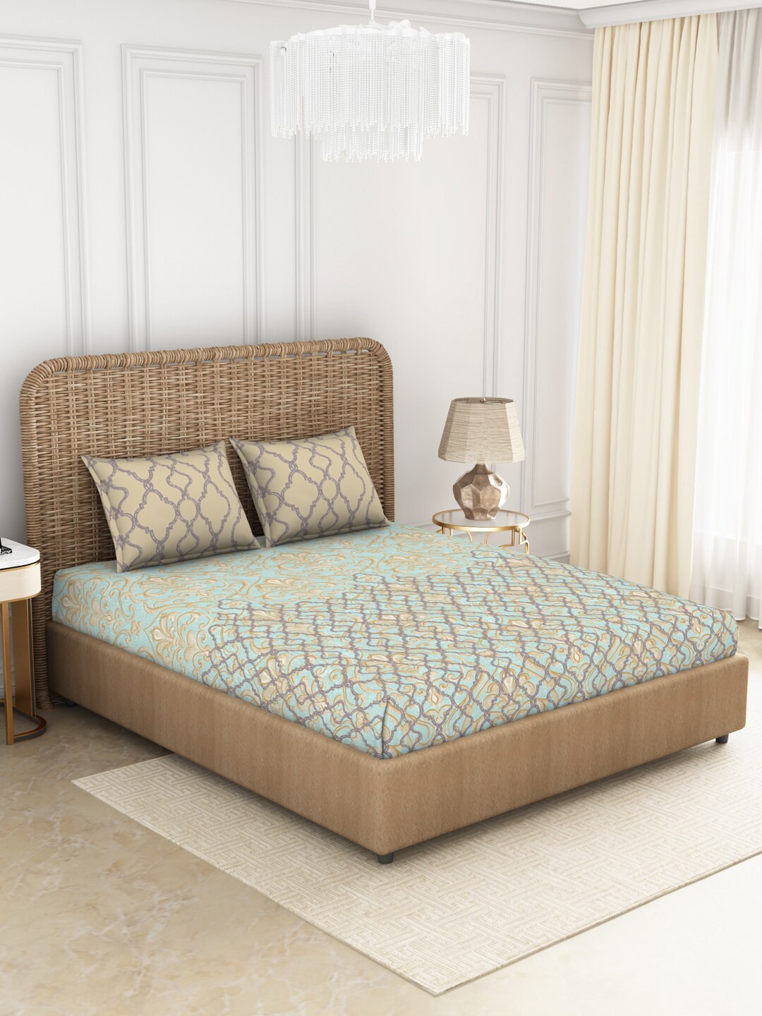 

SPACES Teal & Beige 144 TC Queen Ethnic Motifs Cotton Bedsheet with 2 Pillow Covers