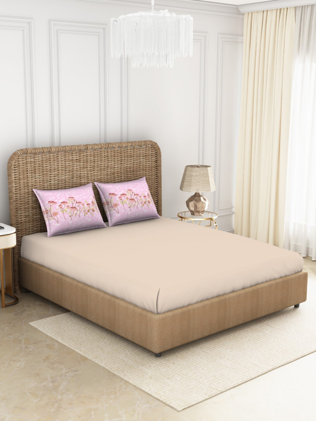 

SPACES Beige & Pink Floral 144 TC King Cotton Anti-Viral Bedsheet with 2 Pillow Covers