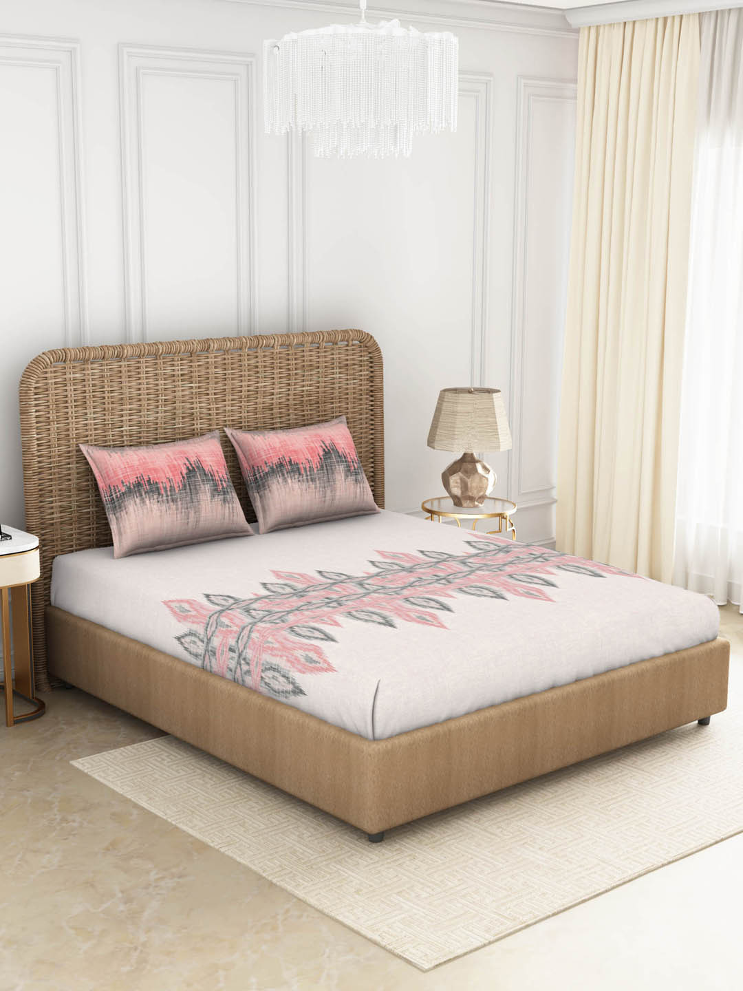 

SPACES Pink & Charcoal 144 TC Pure Cotton King Bedsheet with 2 Pillow Covers