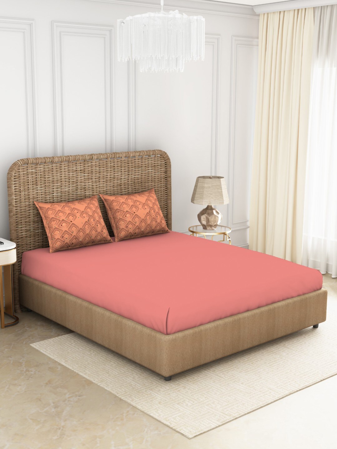 SPACES Coral & Orange 144 TC Cotton King Bedsheet with 2 Pillow Covers